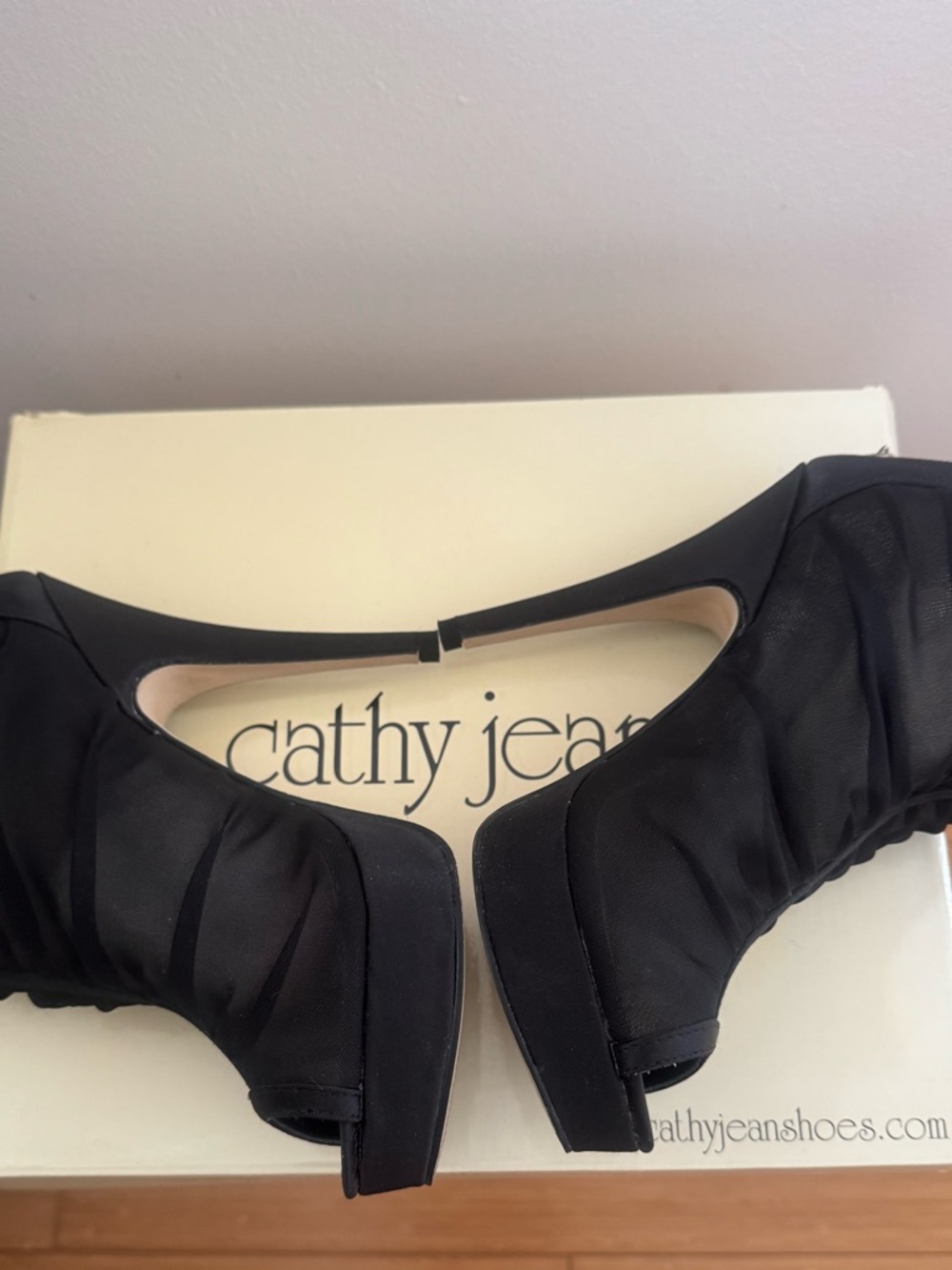 Black Ruched Peep-Toe Heeled Booties - Picture 9 of 9